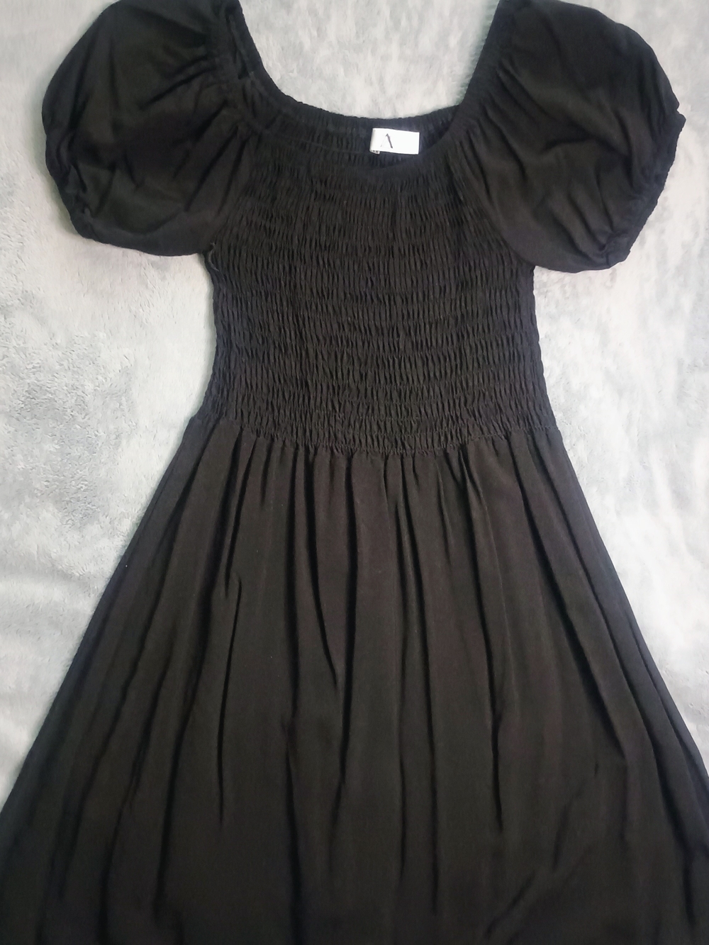 Classic Black Smocked Puff-Sleeve Midi Dress Fitted Waist Very Cute Casual Dress